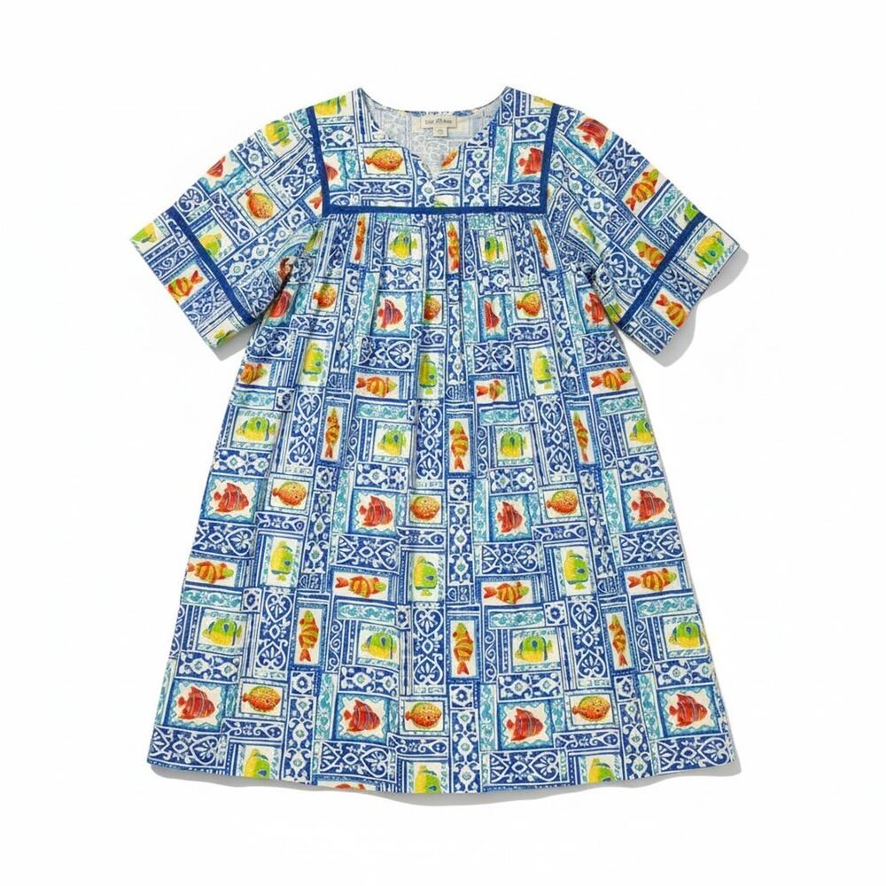 Bechamel Sz M Cotton Patio House Dress Pullover Coastal Blue Tiles Casual Comfy